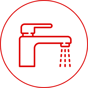 Red faucet icon with water droplets.