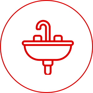 Red sink icon on black background.