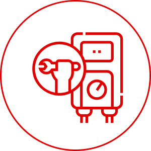 Red boiler repair icon with wrench symbol.