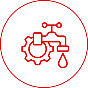 Red gear and faucet icon with droplet.