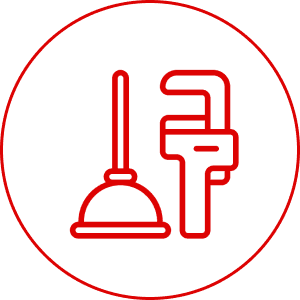 Red plunger and wrench icon on black.