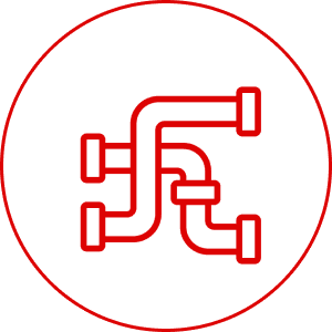 Red abstract pipe design in black circle.