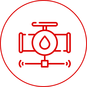 Red valve icon with drop and pipes.