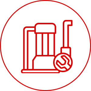 Red forklift with wrench icon in circle.