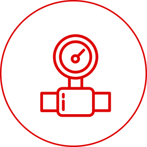 Red pressure gauge icon on black background.
