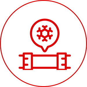 Red virus symbol with pipeline illustration.