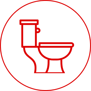Red toilet icon on black circular background.