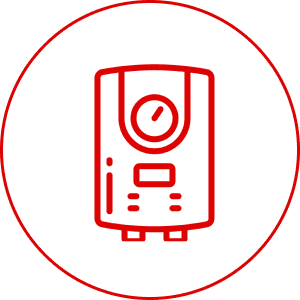 Red water heater icon on black background.