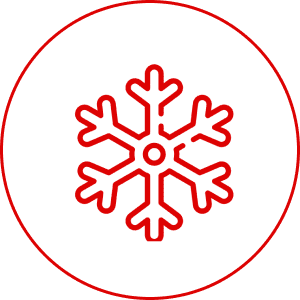 Red snowflake icon on black background.