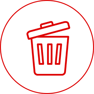 Red trash can icon on black background.